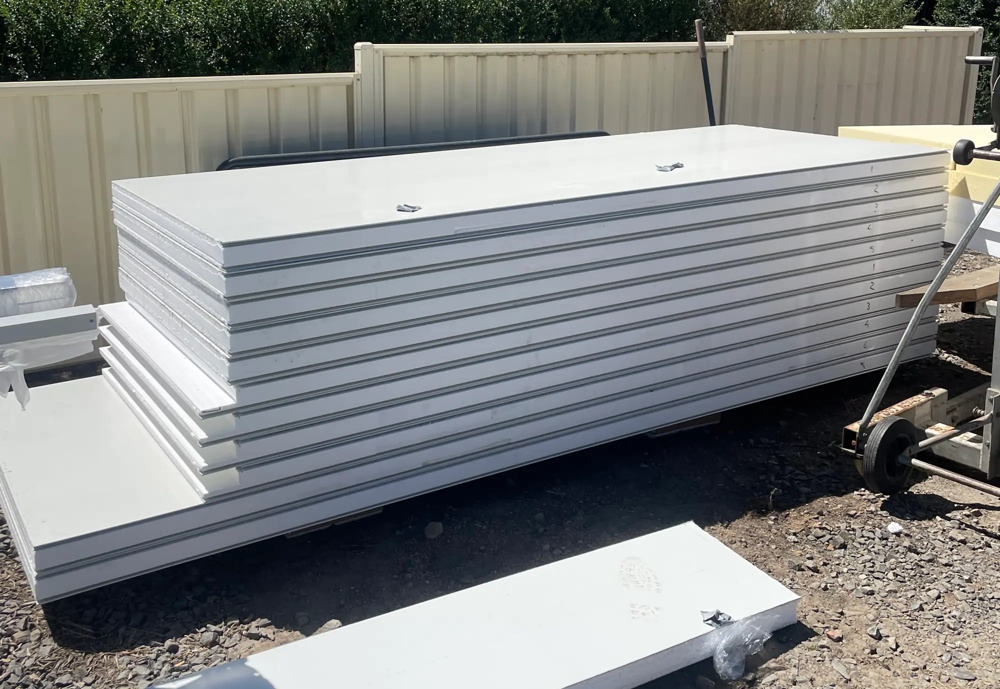EPS-FR fire retardant insulated panels stacked ready for a coolroom build